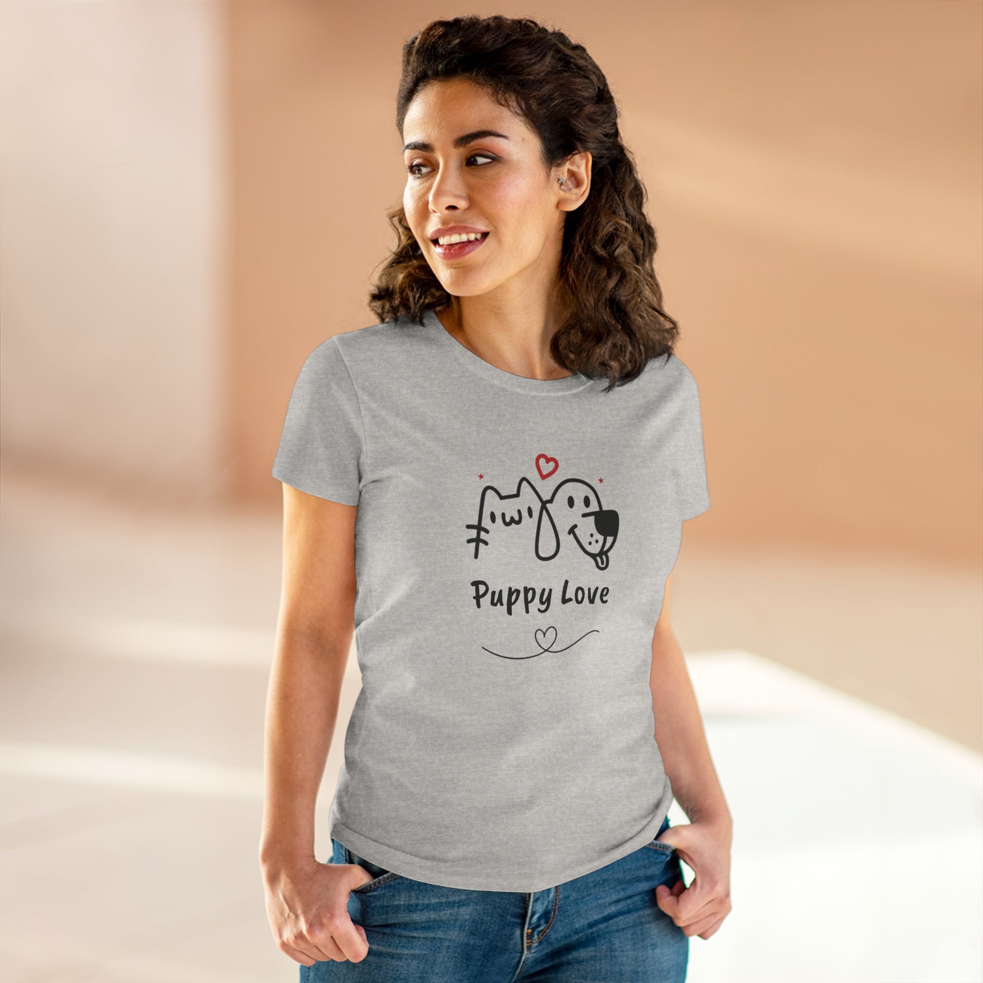 Gray cute dog shirt for women with Puppy Love graphic and heart design by Printify