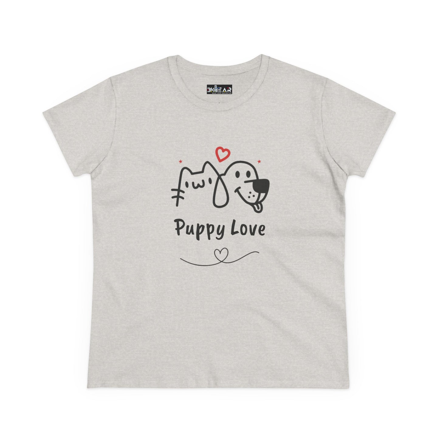 Printify cute dog shirt for women with Puppy Love graphic and heart design on light gray tee