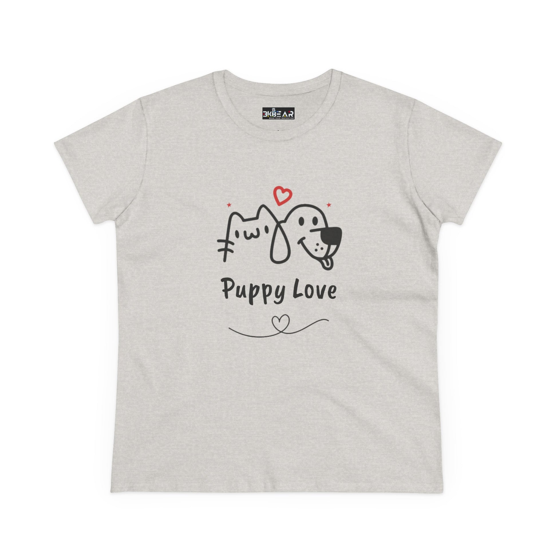 Printify cute dog shirt for women with Puppy Love graphic and heart design on light gray tee