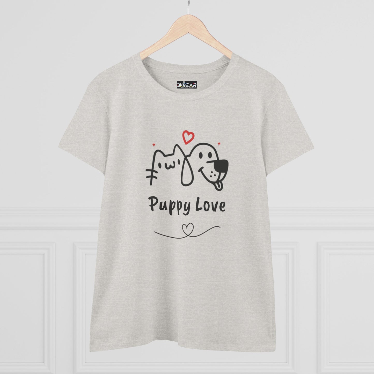 Printify cute dog shirt for women in light gray with Puppy Love graphic and heart accents