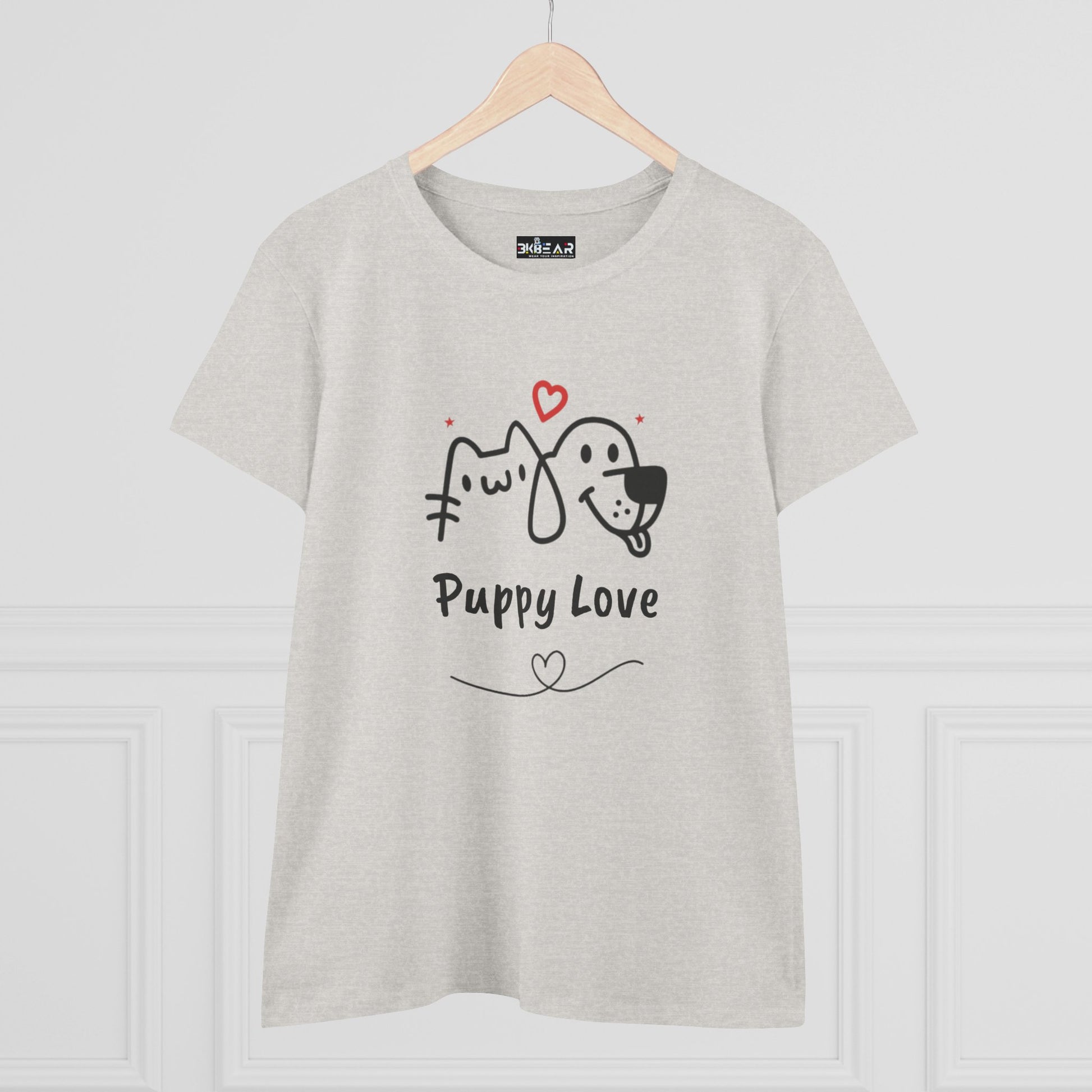 Printify cute dog shirt for women in light gray with Puppy Love graphic and heart accents