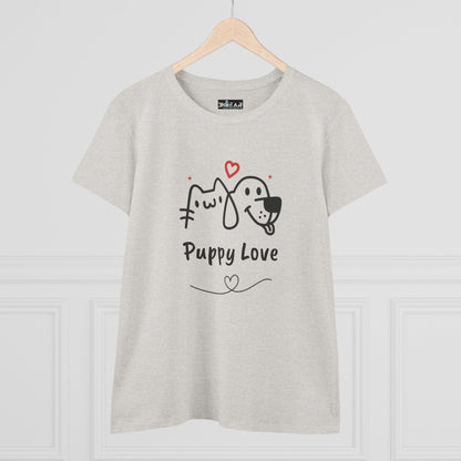 Printify cute dog shirt for women in light gray with Puppy Love graphic and heart accents