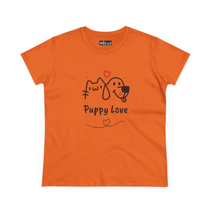 Orange cute dog shirt for women featuring puppy love graphic with cat and dog illustration