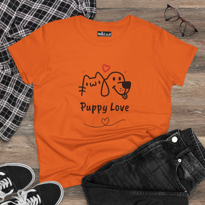 Orange cute dog shirt for women with Puppy Love graphic featuring cat and dog illustration