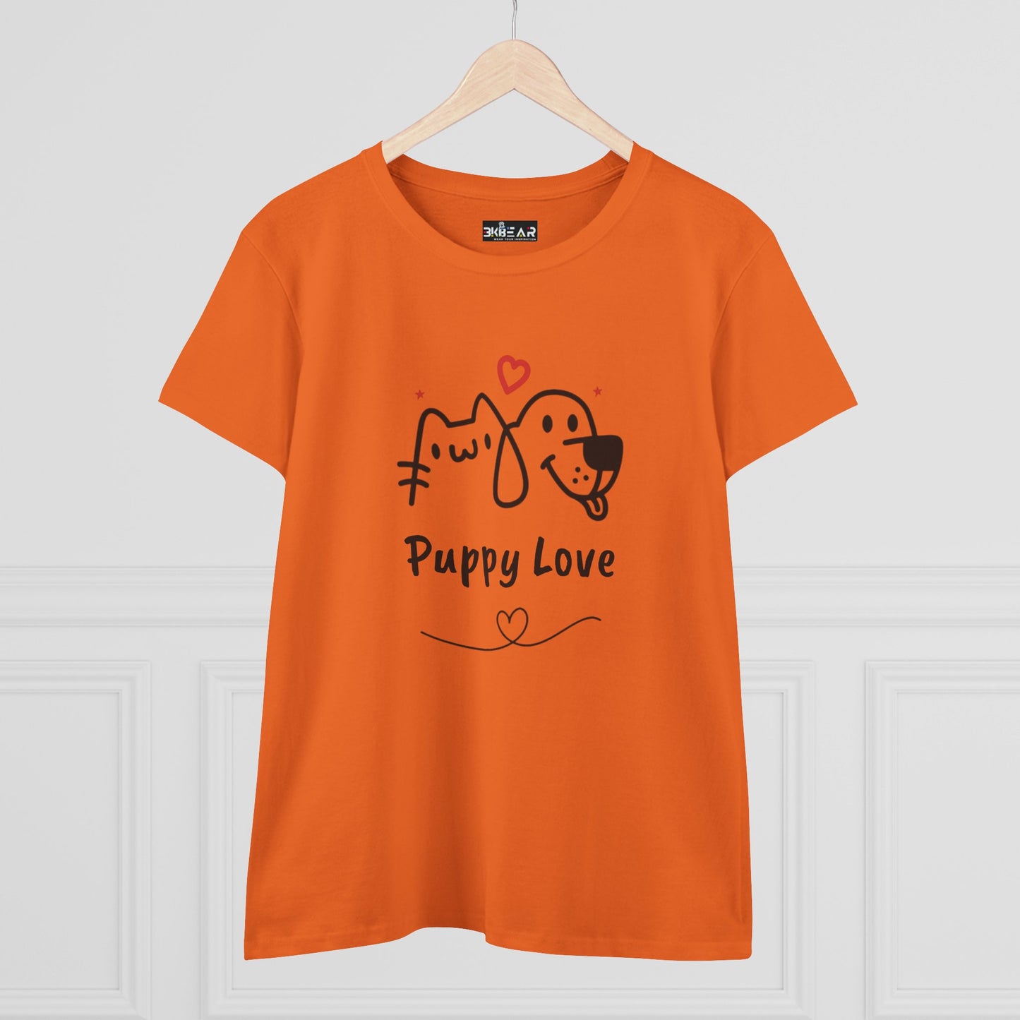 Orange cute dog shirt for women featuring a puppy love design with cat and dog graphics