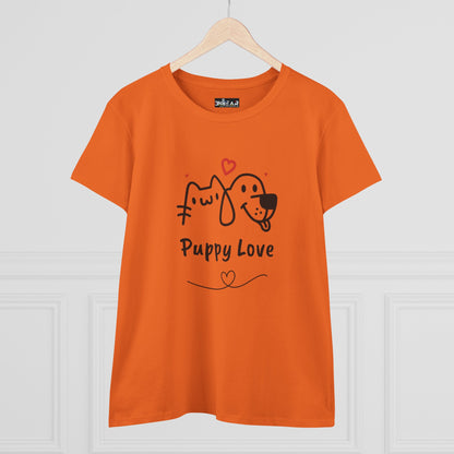 Orange cute dog shirt for women featuring a puppy love design with cat and dog graphics