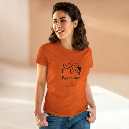 Orange cute dog shirt for women with Puppy Love graphic worn by smiling woman