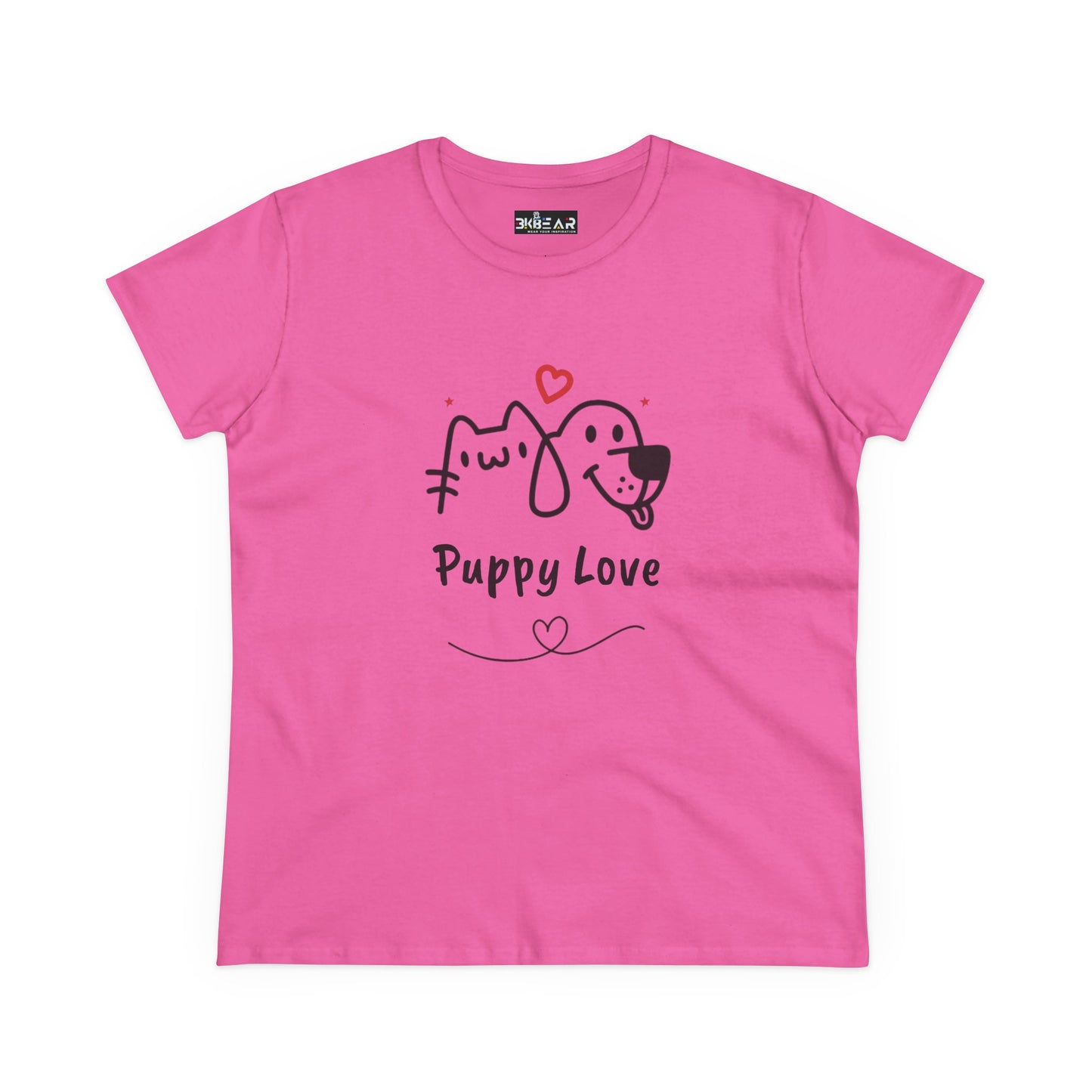 Pink cute dog shirt for women with Puppy Love graphic featuring a dog and cat illustration