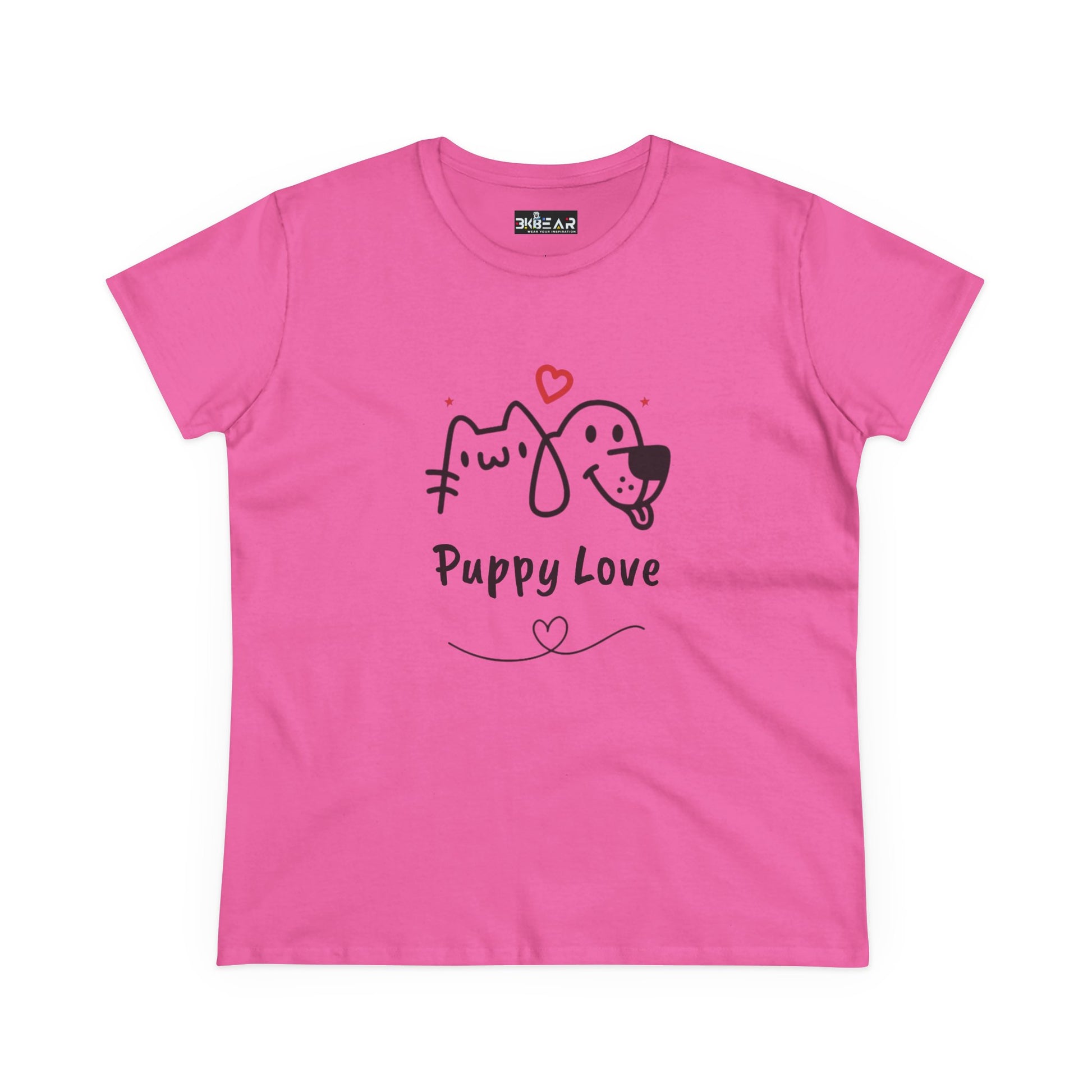 Pink cute dog shirt for women with Puppy Love graphic featuring a dog and cat illustration