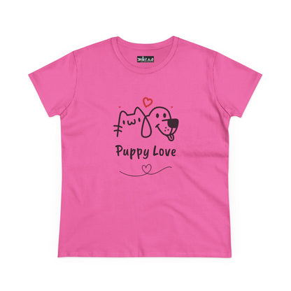 Pink cute dog shirt for women with Puppy Love graphic featuring a dog and cat illustration