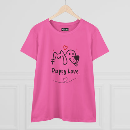 Pink cute dog shirt for women with Puppy Love graphic featuring dog and cat illustration