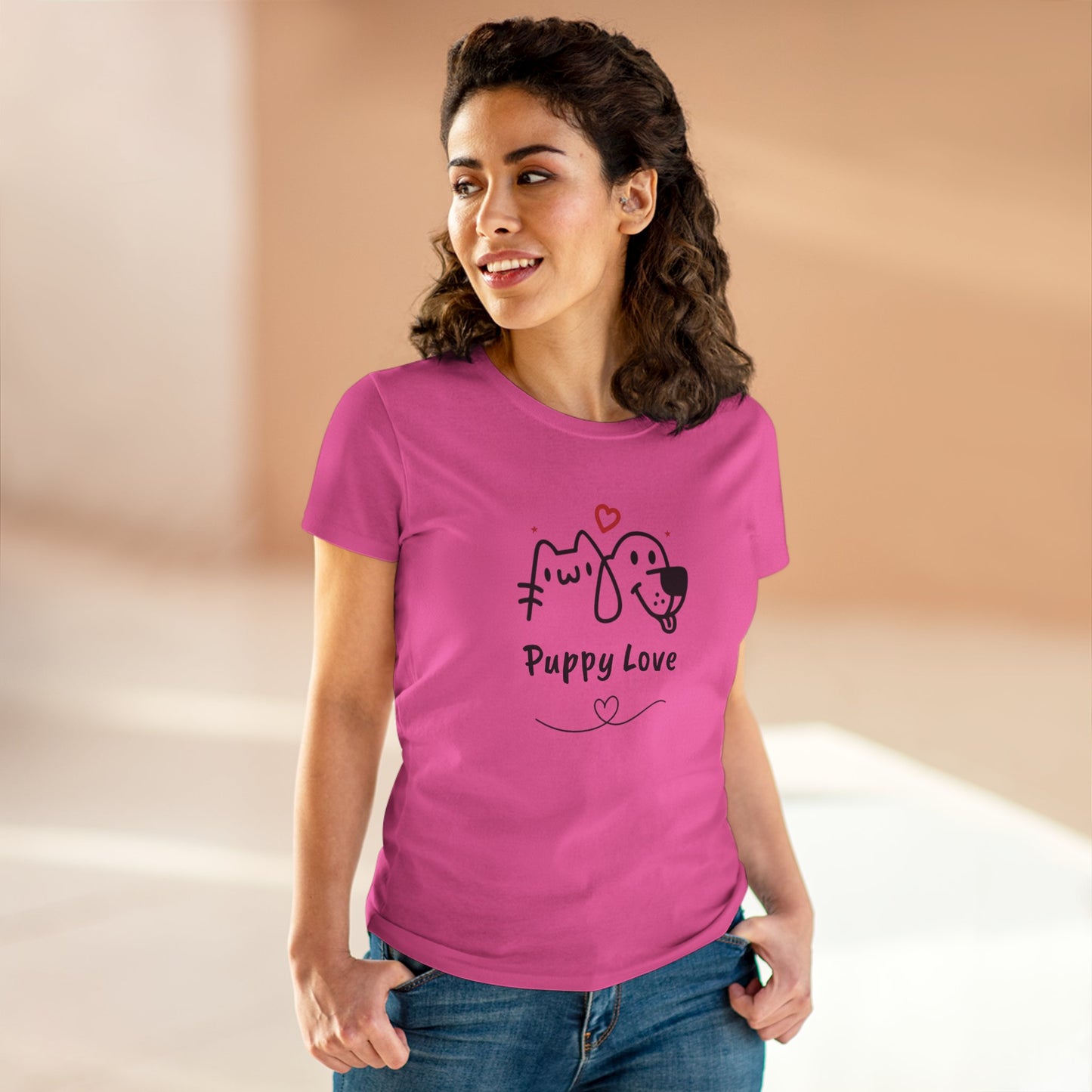 Printify pink cute dog shirt for women with Puppy Love graphic and heart design