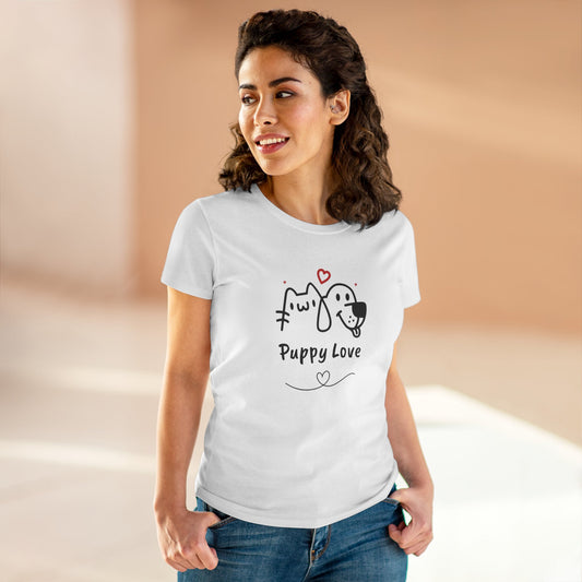 Printify cute dog shirt for women in white with Puppy Love graphic and heart details