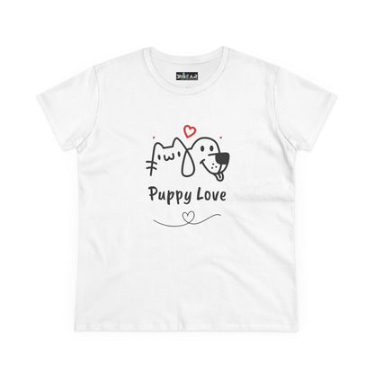 White cute dog shirt for women with Puppy Love graphic of dog and cat illustration
