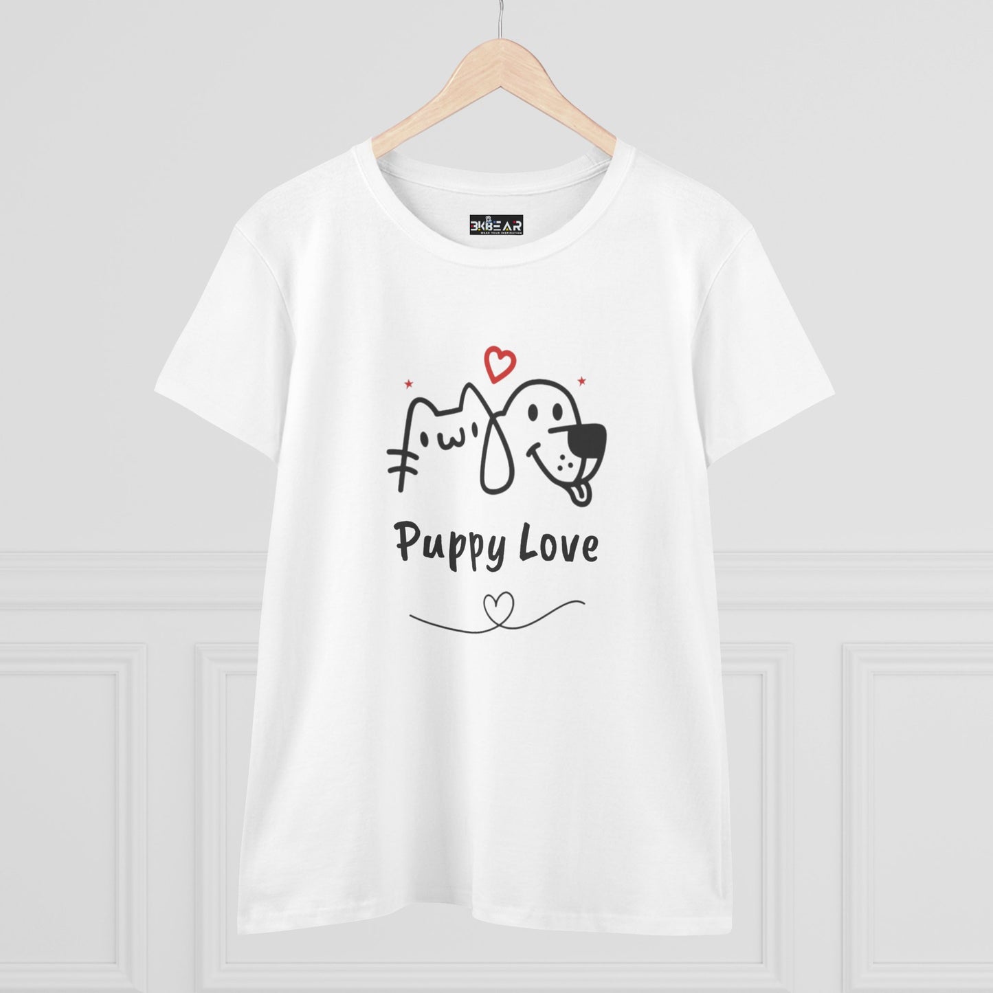 White Printify T-shirt with cute dog shirt for women design featuring puppy and kitten love graphic
