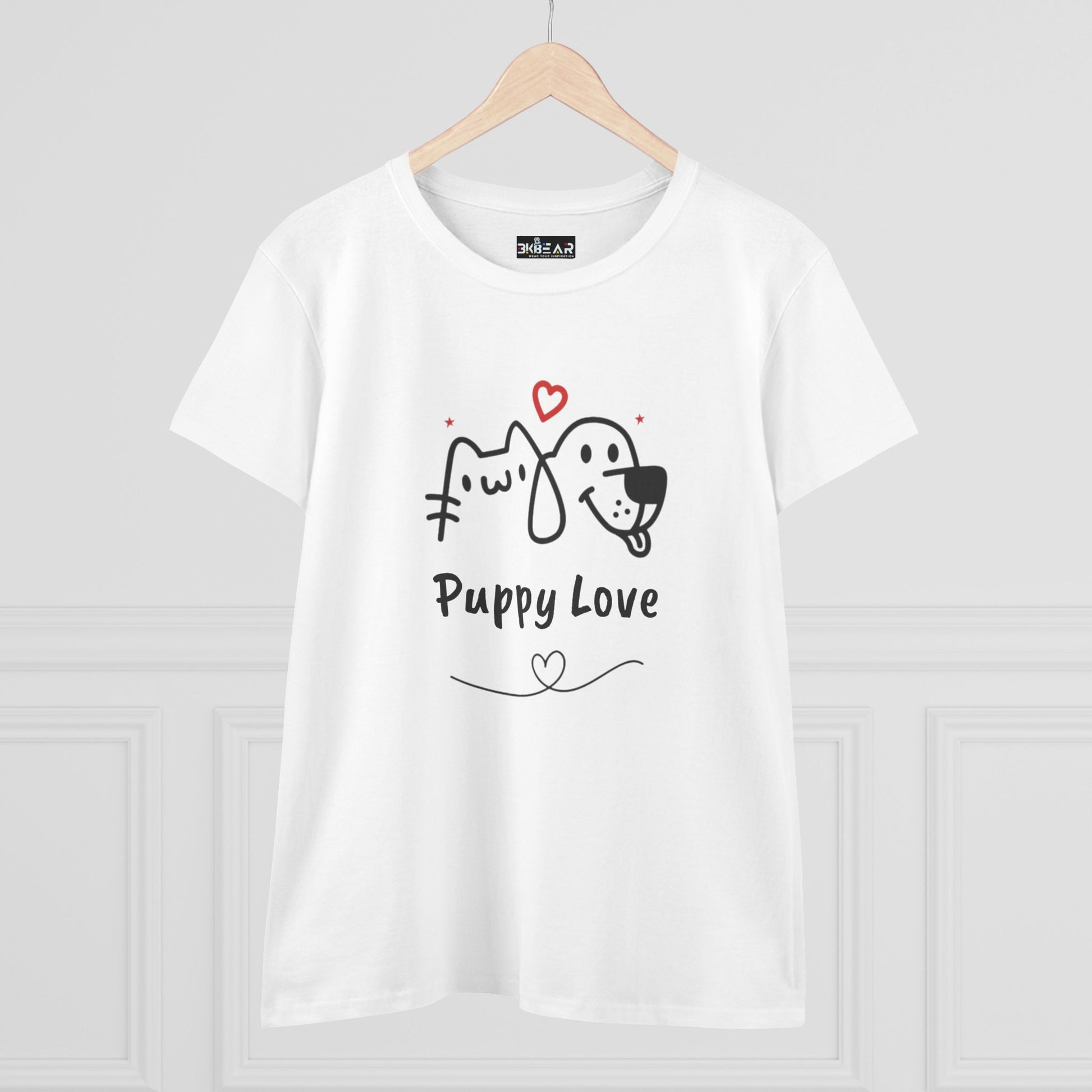 White Printify T-shirt with cute dog shirt for women design featuring puppy and kitten love graphic