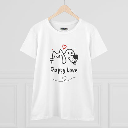 White Printify T-shirt with cute dog shirt for women design featuring puppy and kitten love graphic