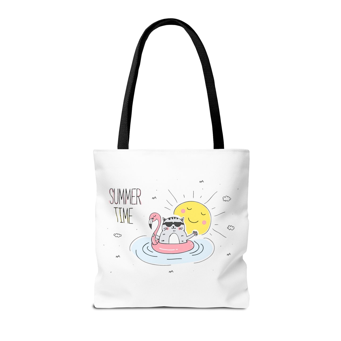  cute graphic tote for summer with cat on flamingo float and smiling sun design