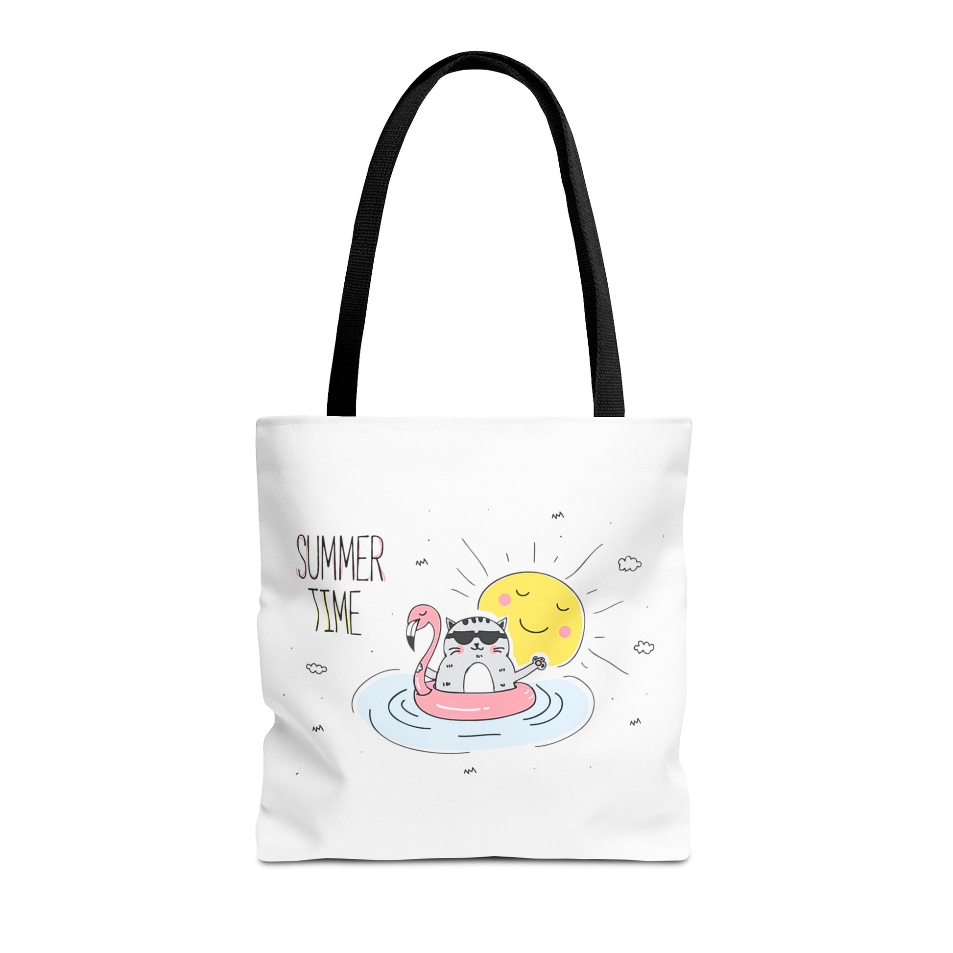 Printify cute graphic tote for summer featuring a cat in sunglasses on a flamingo float with sun design