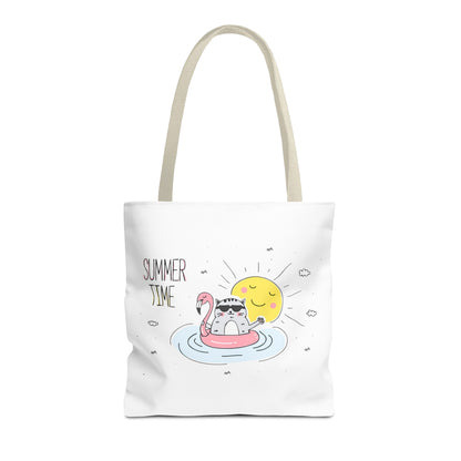 Printify cute graphic tote for summer featuring a cat on a flamingo float with sunshine design