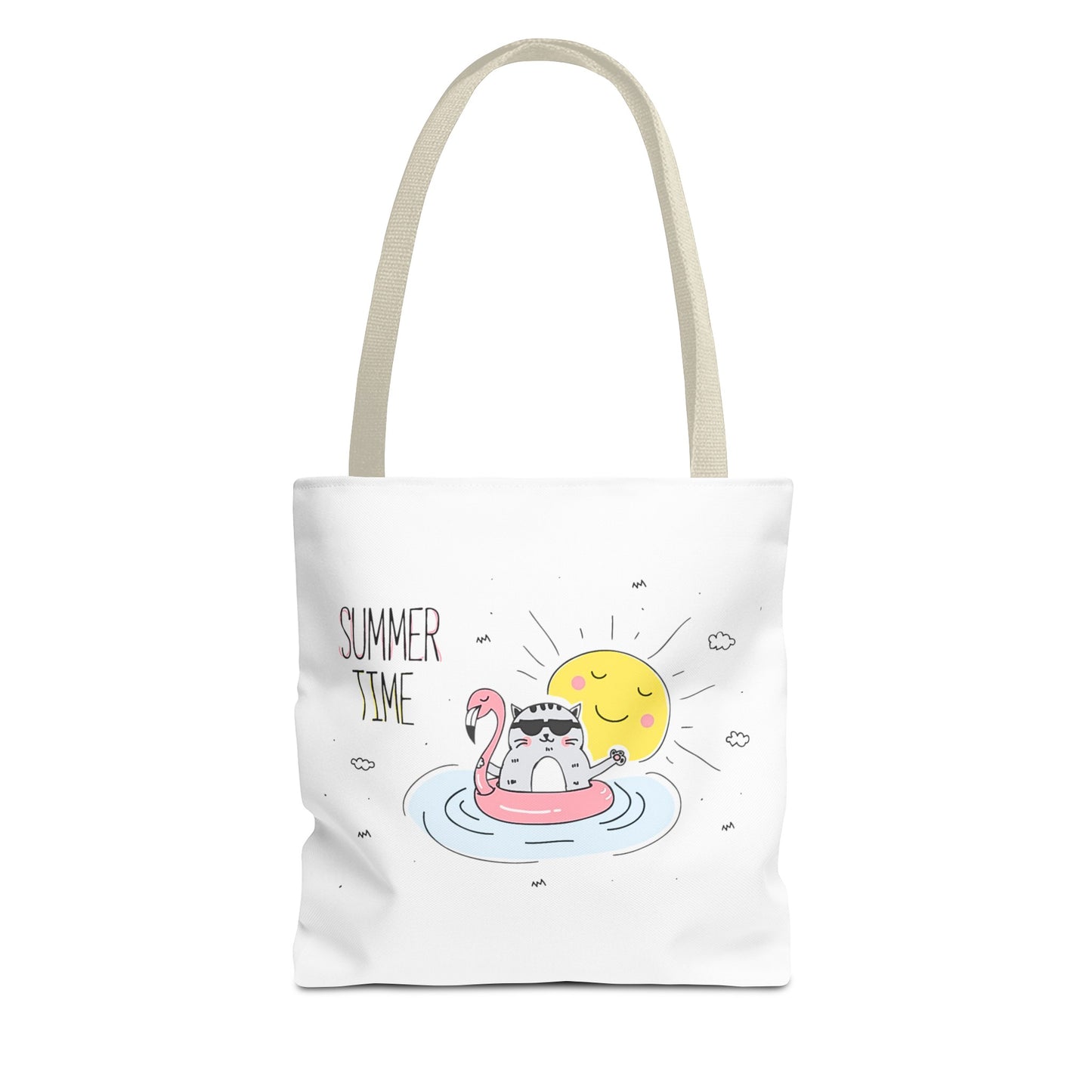 Printify cute graphic tote for summer with cat in flamingo float and smiling sun design