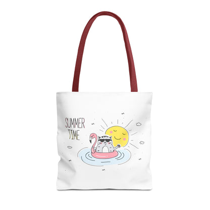cute graphic tote for summer with cat in flamingo float and sunshine design