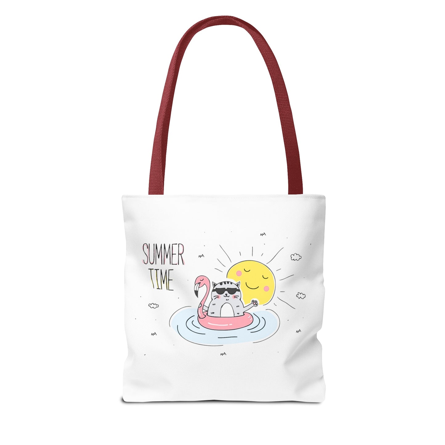 Printify cute graphic tote for summer with cat floating on flamingo float and sun design