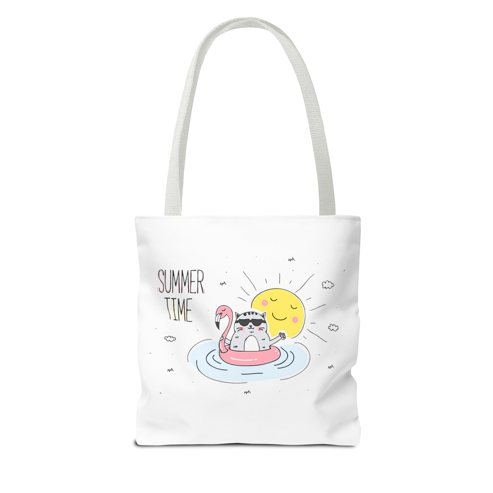 Printify cute graphic tote for summer with cat on flamingo float and smiling sun design