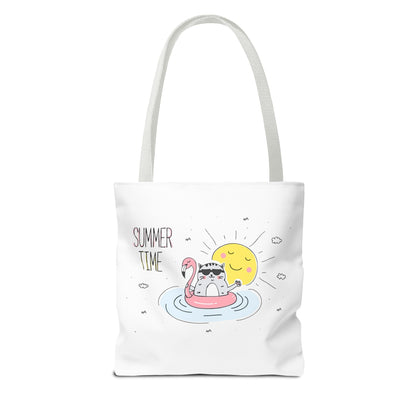 Printify cute graphic tote for summer with cat on flamingo float and smiling sun design