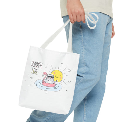 Printify cute graphic tote for summer with a summer time cat and sun design held by person in jeans