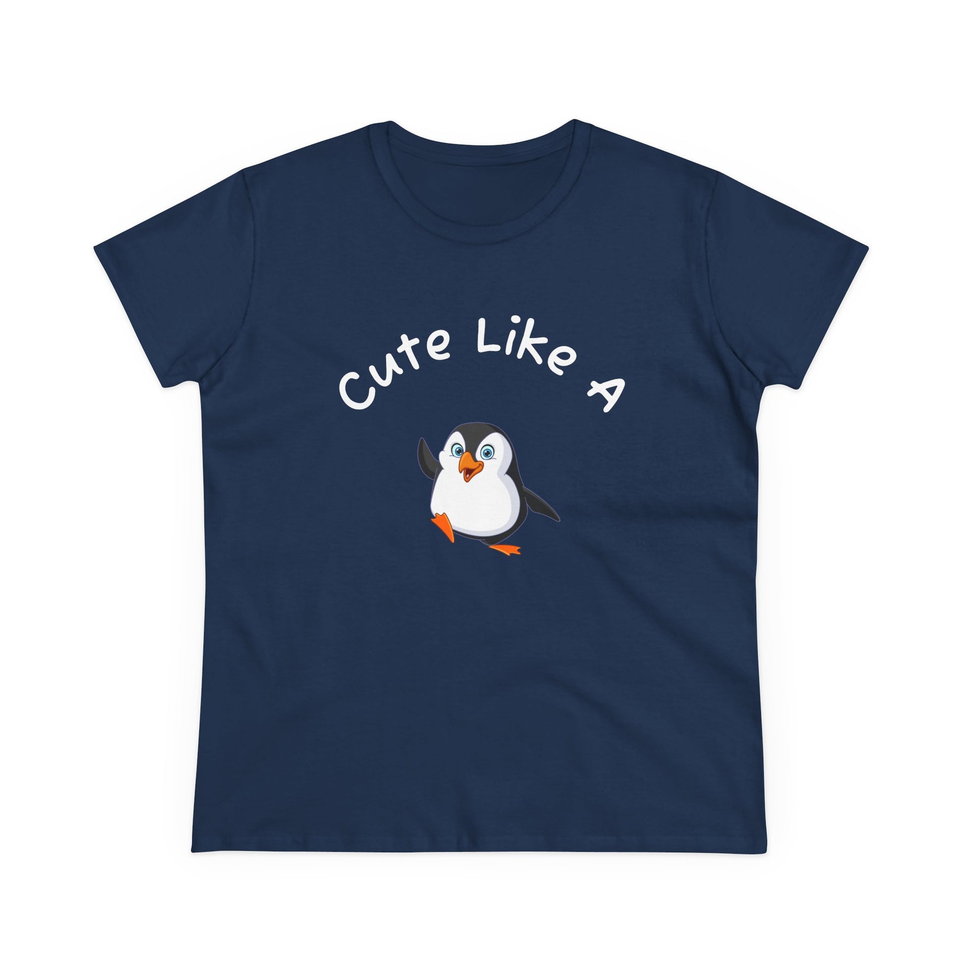 Navy blue penguin graphic t-shirt with cute penguin and text Cute Like A printed on front