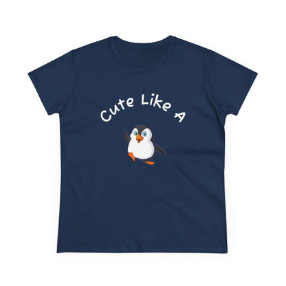 Navy blue penguin graphic t-shirt with cute penguin and text Cute Like A printed on front