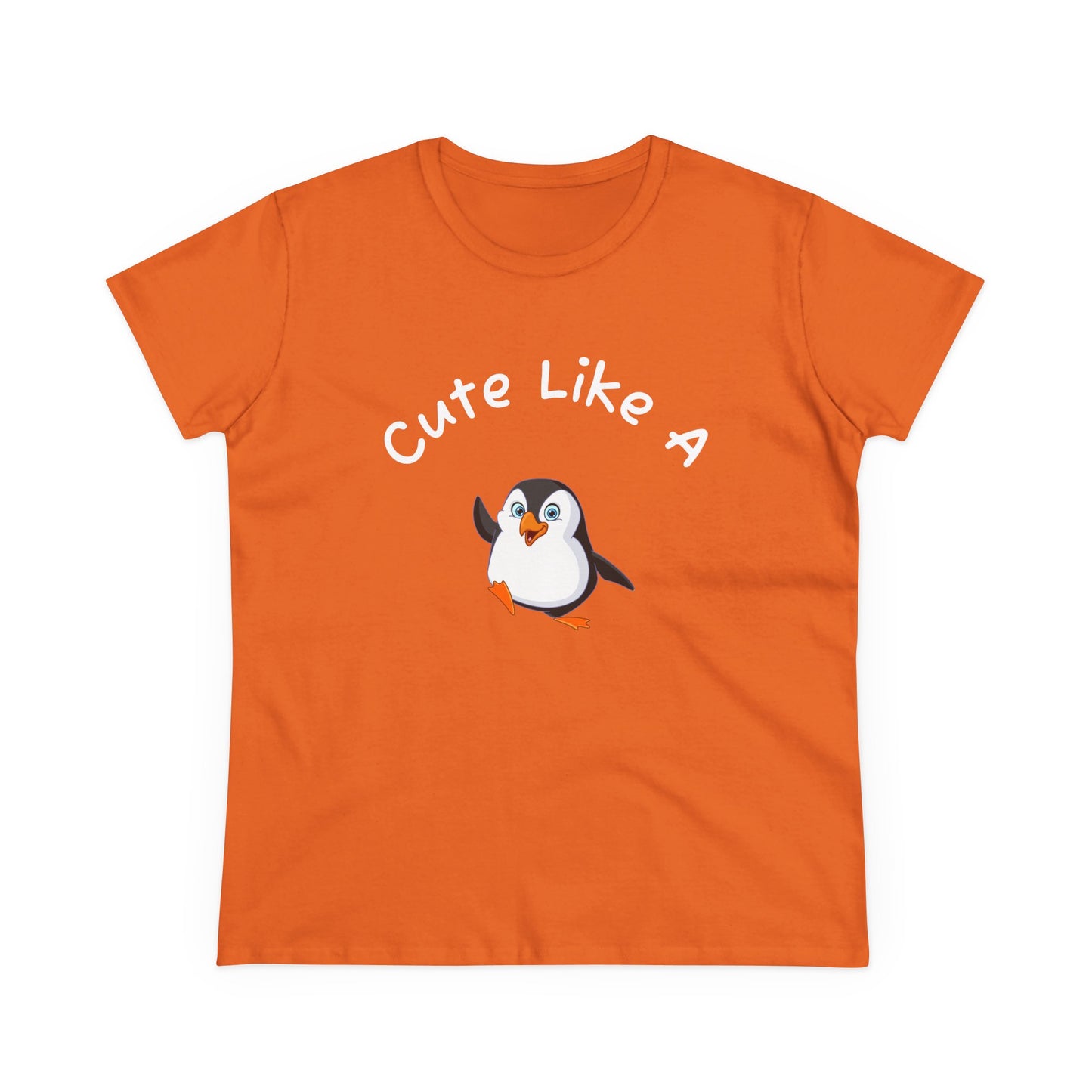 Orange penguin graphic t-shirt with cute cartoon penguin and text Cute Like A printed on front