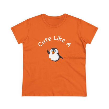 Orange penguin graphic t-shirt with cute cartoon penguin and text Cute Like A printed on front