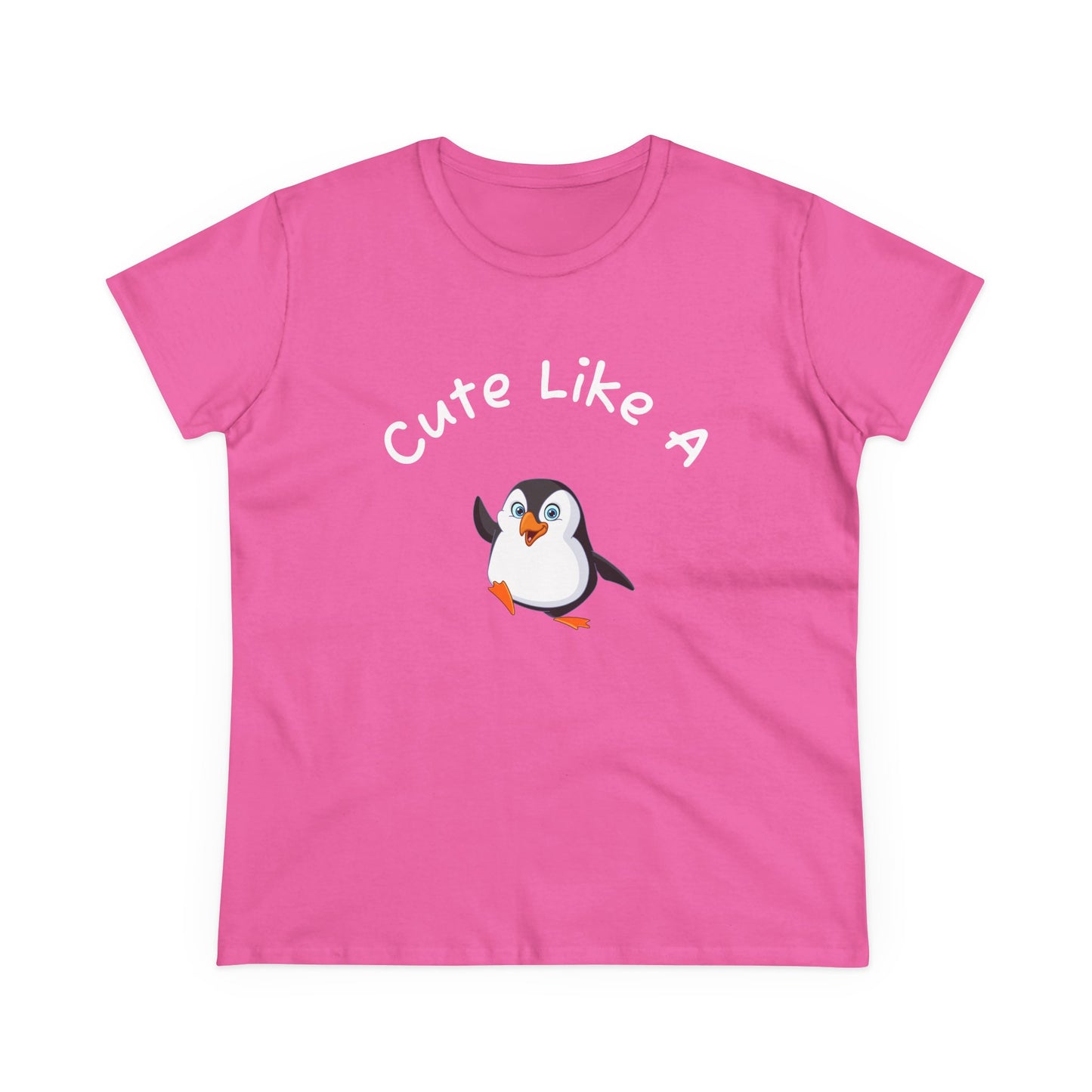 Pink penguin graphic t-shirt with Cute Like A text and cartoon penguin design by Printify