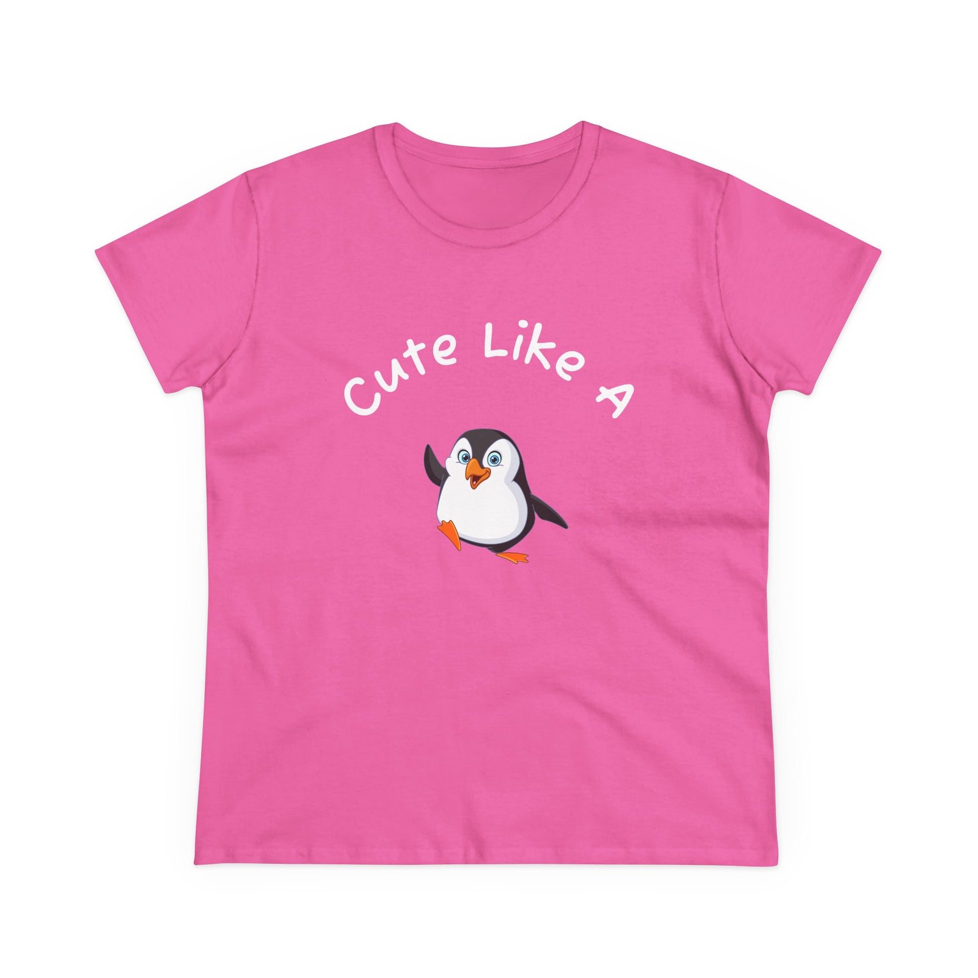 Pink penguin graphic t-shirt with Cute Like A text and cartoon penguin design by Printify