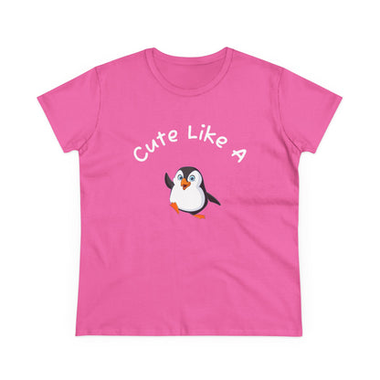 Pink penguin graphic t-shirt with Cute Like A text and cartoon penguin design by Printify