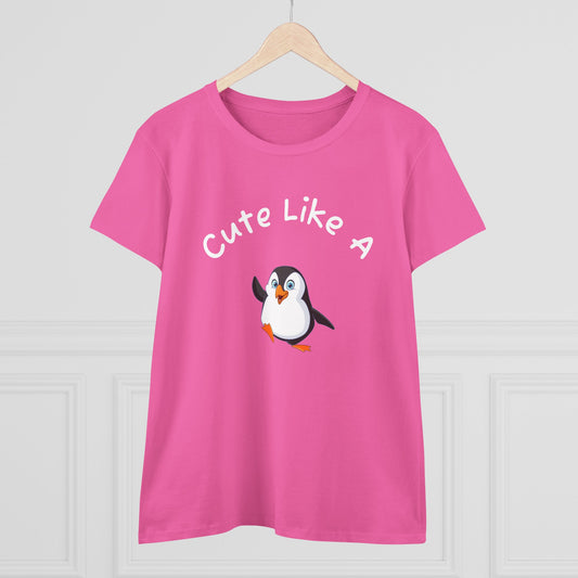 Pink Printify penguin graphic t-shirt with cute cartoon penguin and text Cute Like A