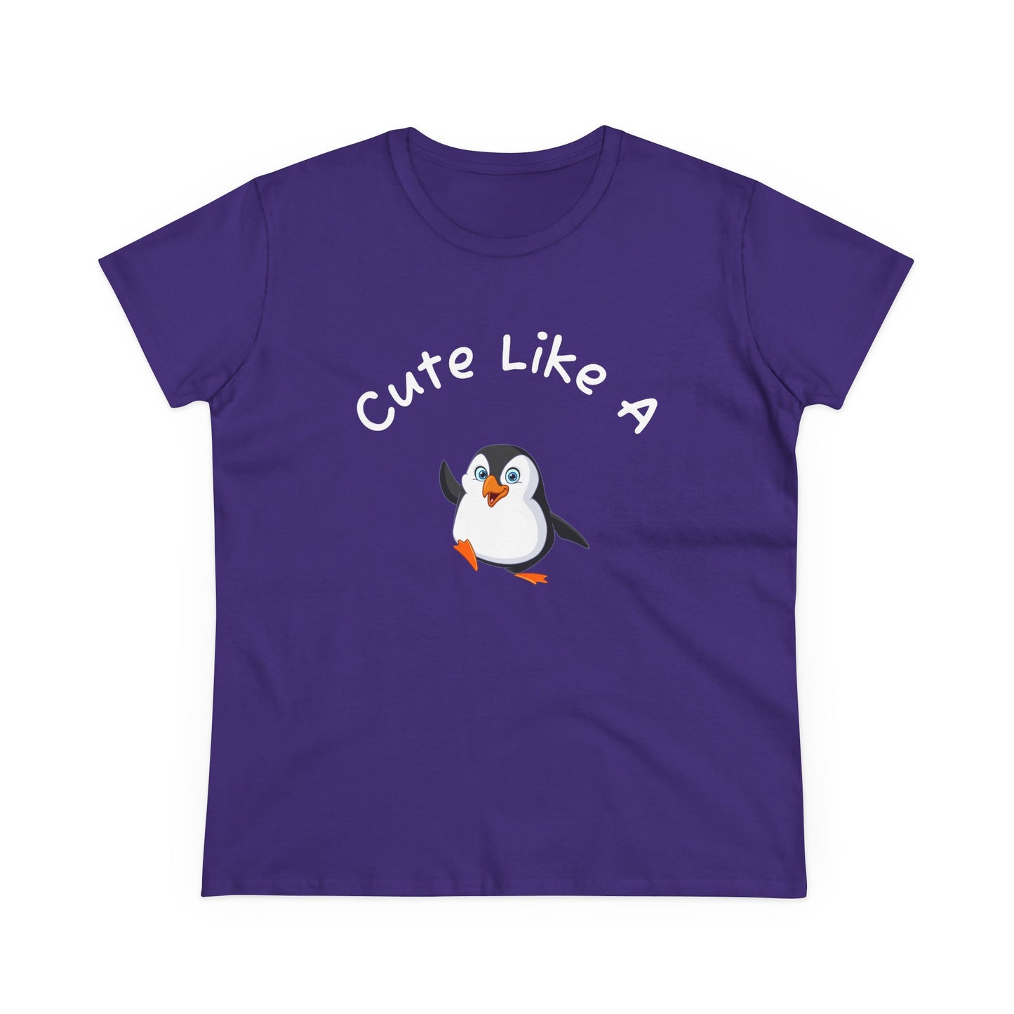 Purple penguin graphic t-shirt with cute penguin and Cute Like A text by Printify