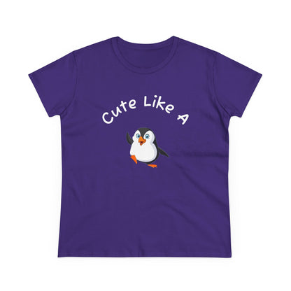Purple penguin graphic t-shirt with cute penguin and Cute Like A text by Printify