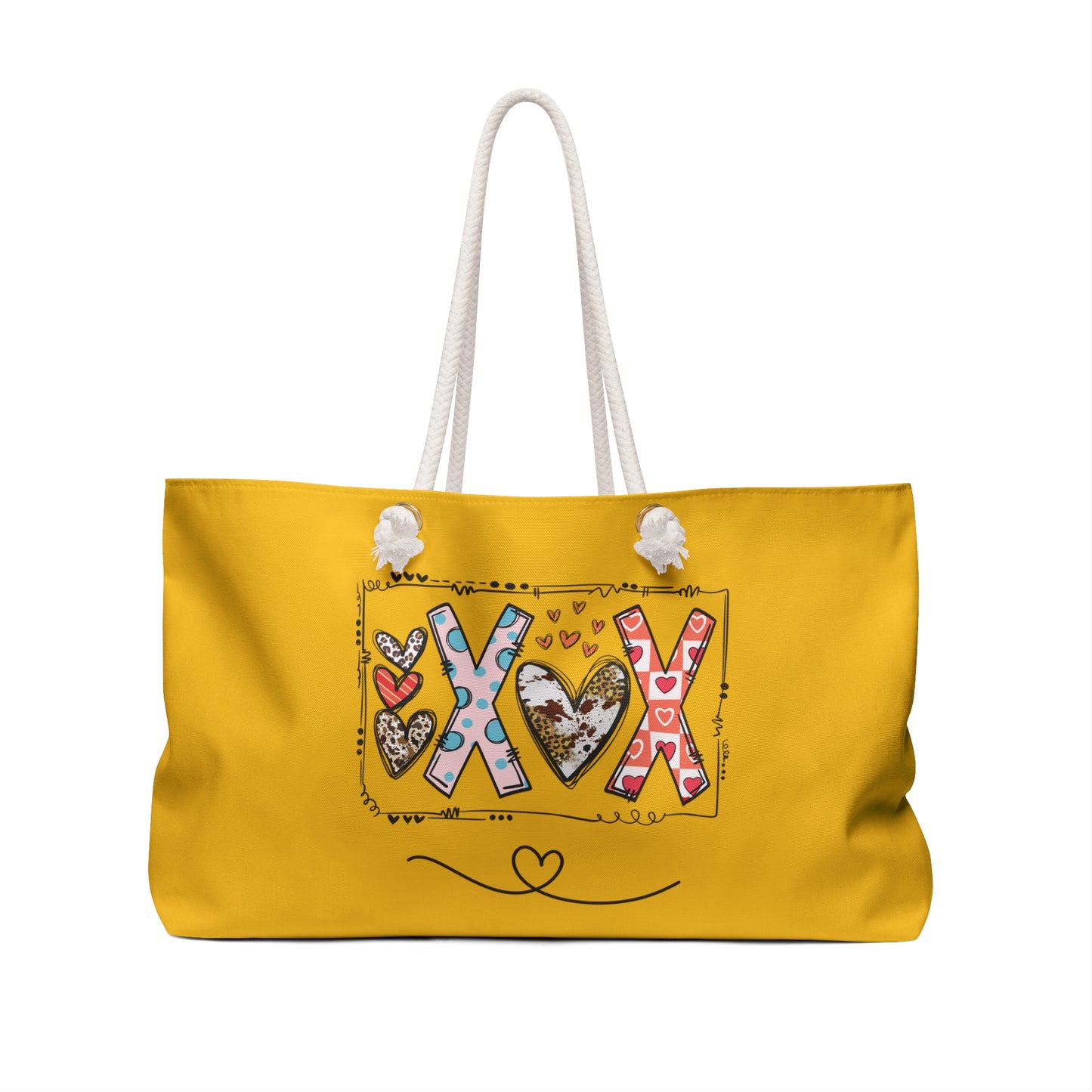 Yellow cute positivity weekender bag with heart and XOX design and white rope handles