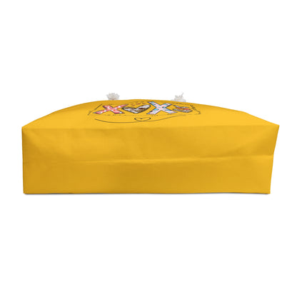 Bottom view of a yellow cute positivity weekender bag by Printify with rope handles