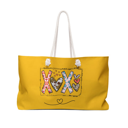 Printify cute positivity weekender bag in yellow with heart and XO design and white rope handles