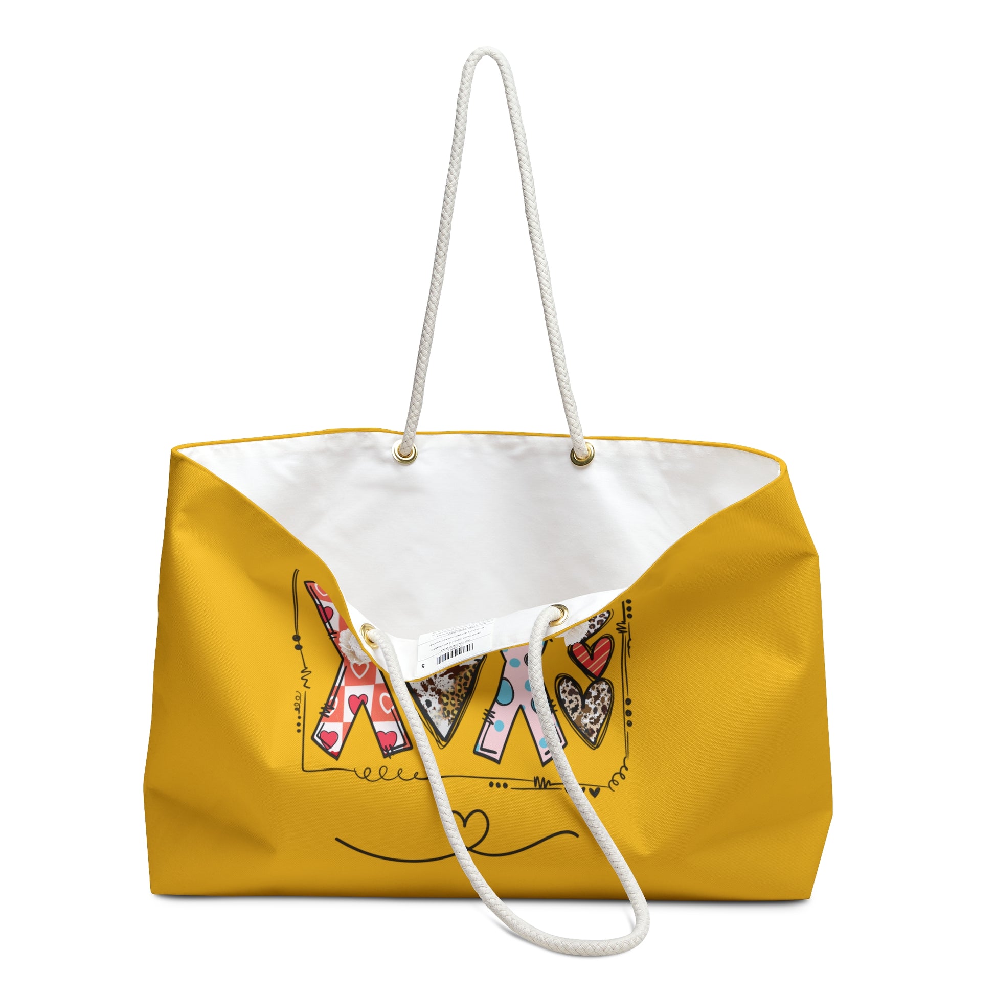 Printify cute positivity weekender bag in yellow with colorful positive design and white rope handles