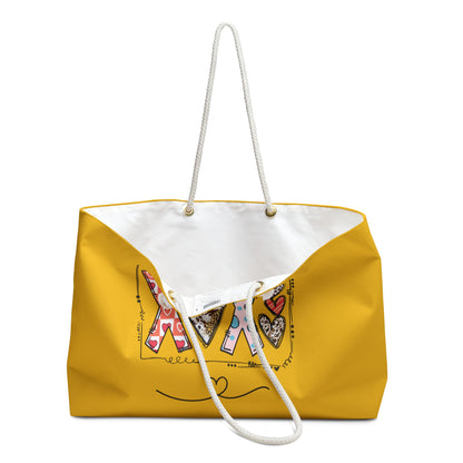Printify cute positivity weekender bag in yellow with colorful positive design and white rope handles