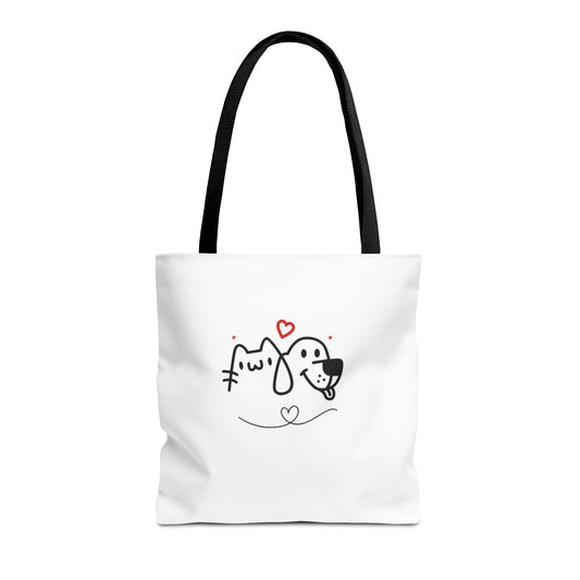 White tote bag with cute puppy graphic tote bag design featuring a dog and cat outline with hearts