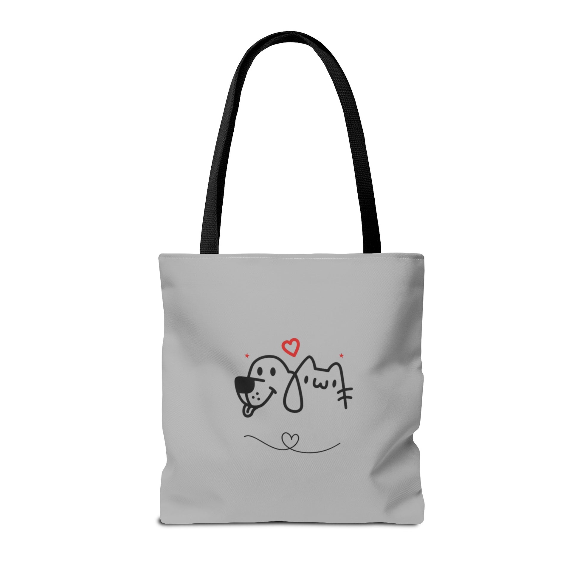 Printify gray tote bag with cute puppy tote bag design featuring simple dog and cat illustration