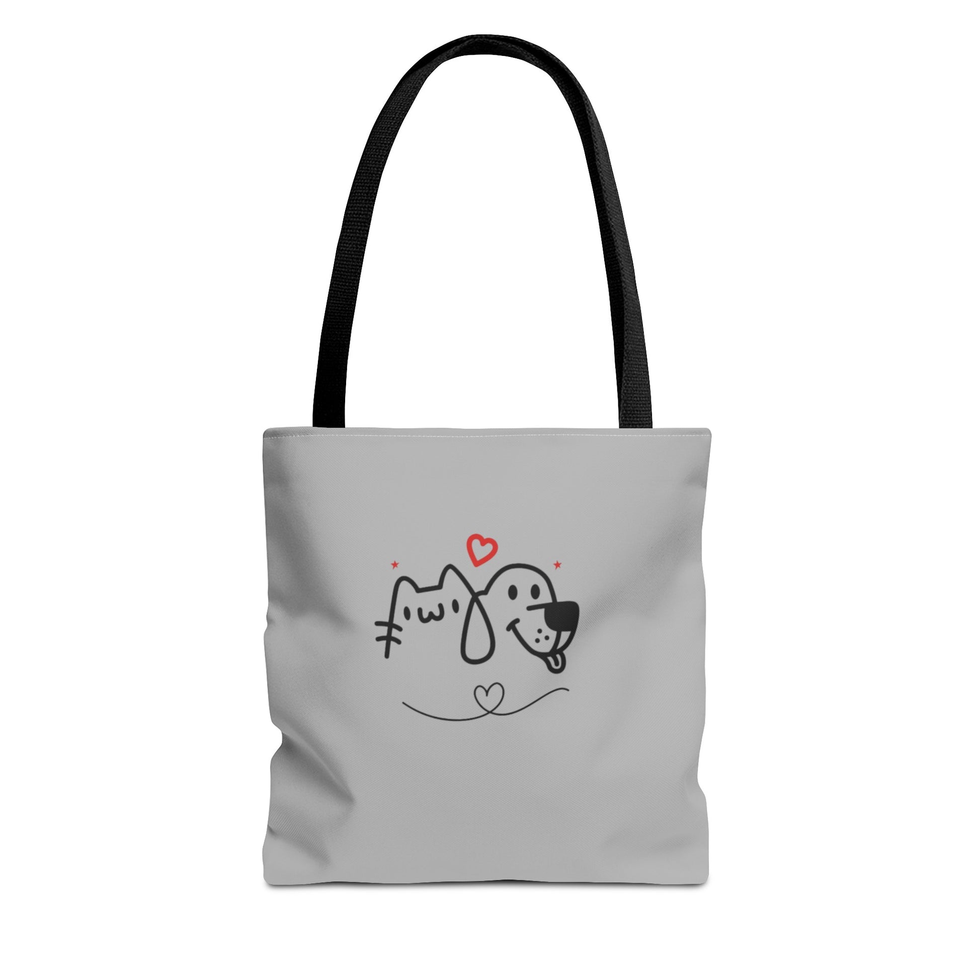 Printify cute puppy tote bag with black handles and simple dog and cat heart design