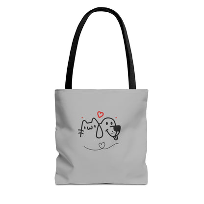 Printify cute puppy tote bag with black handles and simple dog and cat heart design