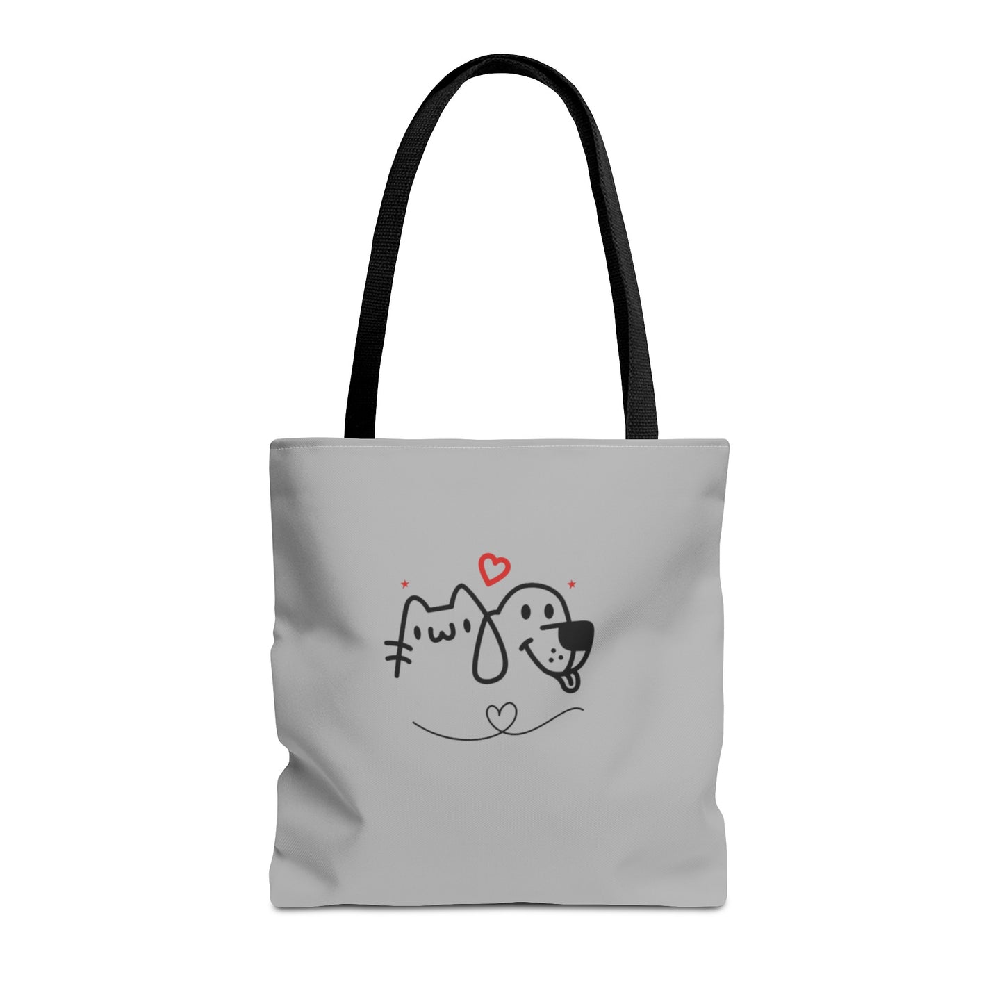 Printify cute puppy tote bag with black handles and adorable dog and cat line art design